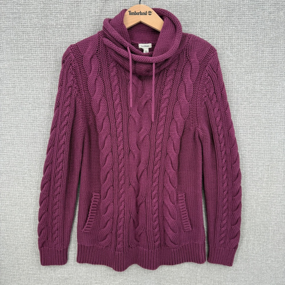 LL Bean Cable Knit Cowl Neck Sweater Women M Magenta Pink Cotton Pullover